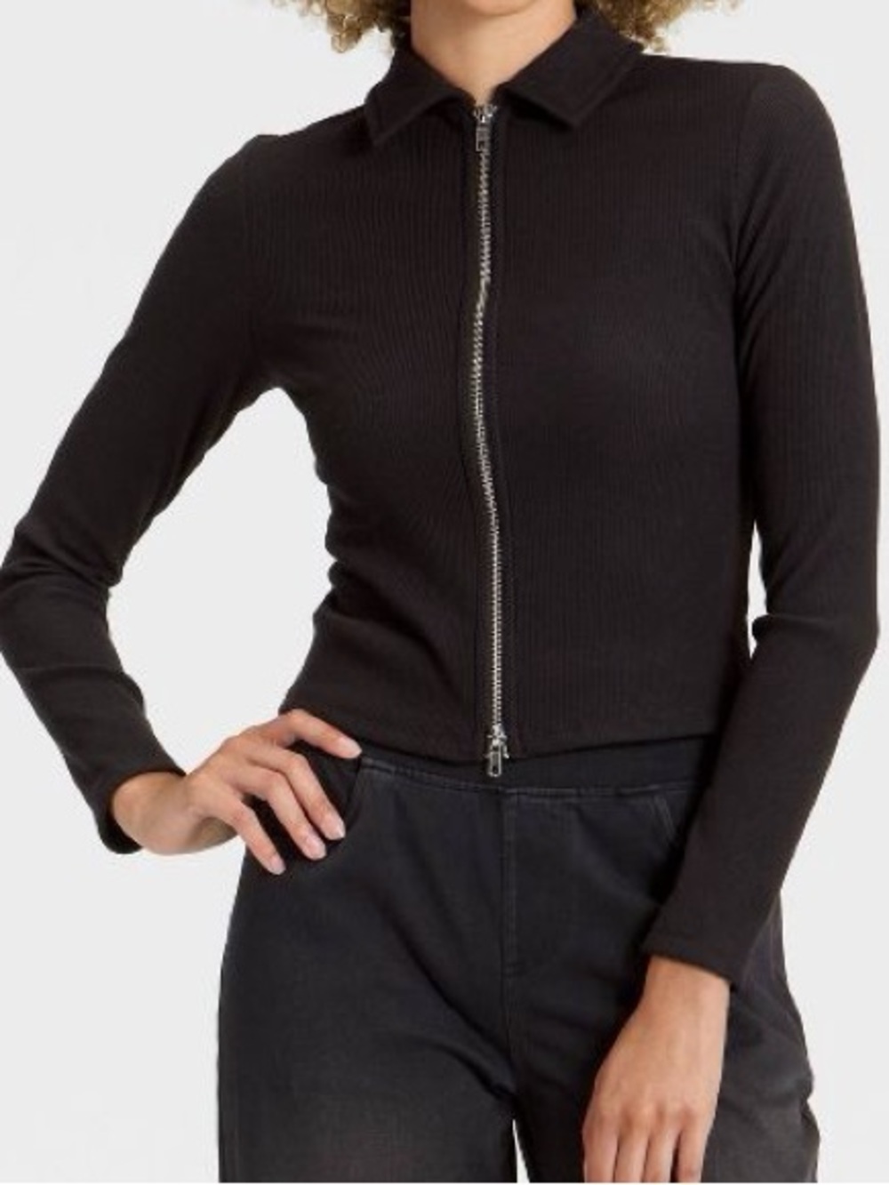 Women's Long Sleeve Brushed Ribbed Polo Zip-Up Jacket A New Day Black Size M